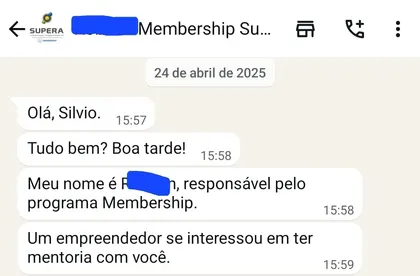 Print de abril de 2025: o responsável pelo programa Membership avisa que um empreendedor se interessou em ter mentoria com o Silvio
