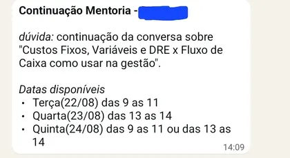 Print do pedido de continuação da mentoria sobre custos fixos, variáveis e DRE x fluxo de caixa