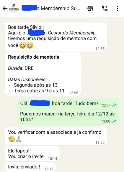 Print de uma requisição de mentoria do Membership do Supera Parque com a dúvida sobre DRE