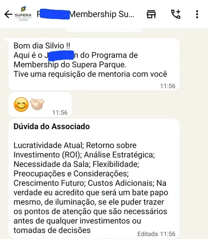 Print de uma requisição de mentoria pelo Programa de Membership do Supera Parque, com a dúvida do associado sobre lucratividade, retorno sobre investimento e análise estratégica