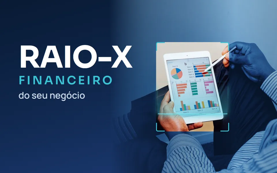 Raio-X Financeiro do seu negócio: um tablet com gráficos em destaque e os três indicadores, margem de contribuição, ponto de equilíbrio e capital de giro